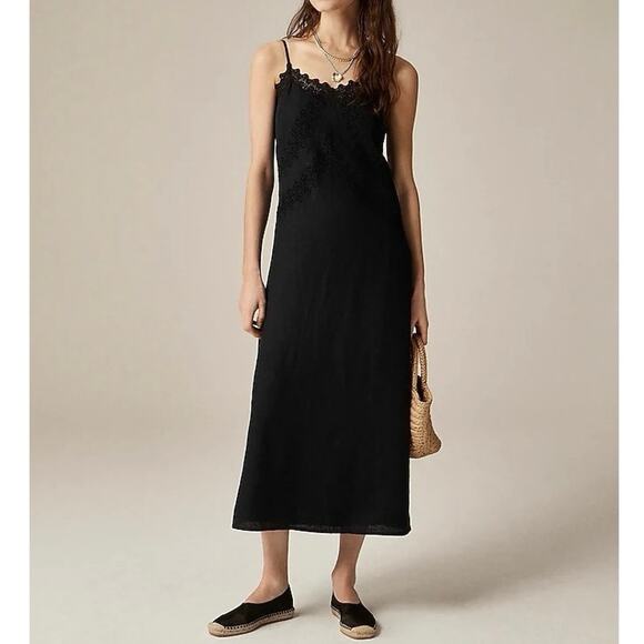 NWT J.Crew Lace-Trim Slip Dress In 100% Linen Midi Length Lined Black Size 4 - Picture 1 of 11